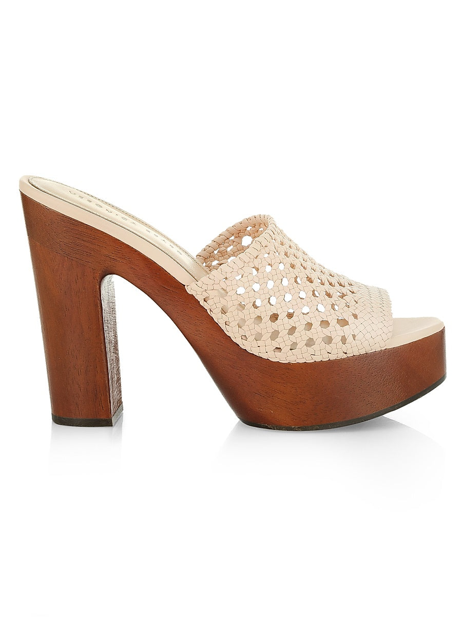 Guadalupe Woven Leather Wooden-Heel Mules