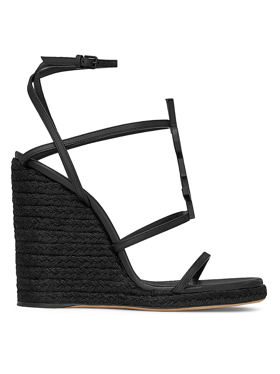 Cassandra Wedge Espadrilles In Leather With Black Monogram