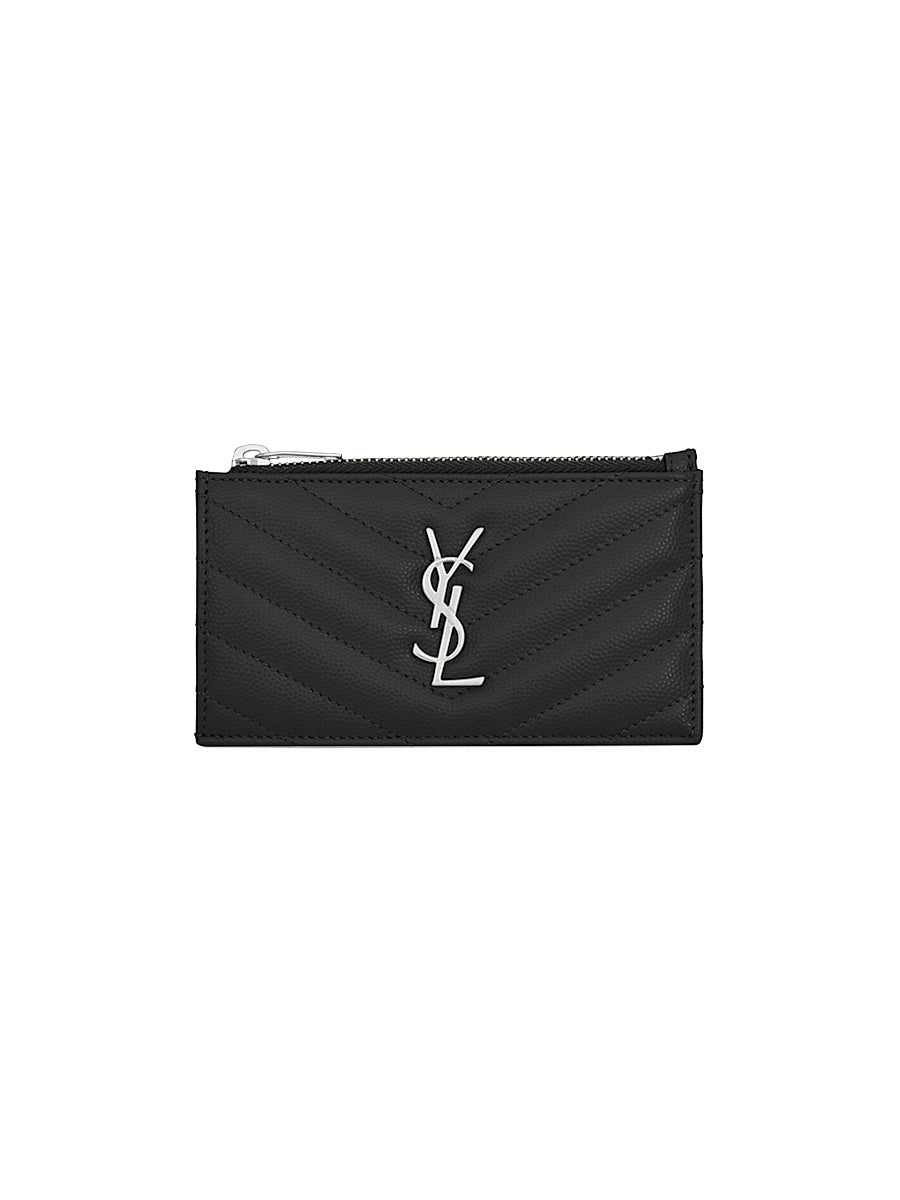 Cassandre Saint Laurent Matelass Zipped Fragments Card Case in Grain de Poudre Embossed Leather