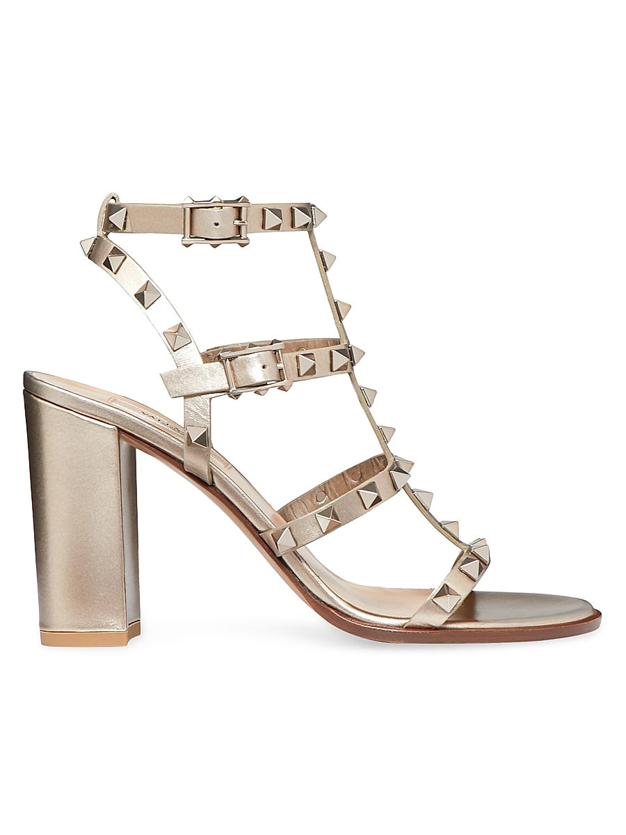 Rockstud Metallic 90MM Calfskin Leather Ankle Strap Sandals