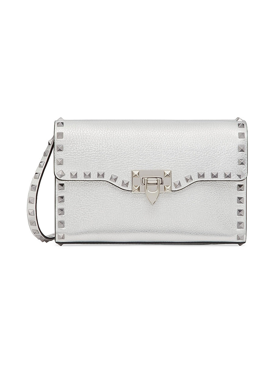 Small Rockstud Grainy Metallic Calfskin Crossbody Bag