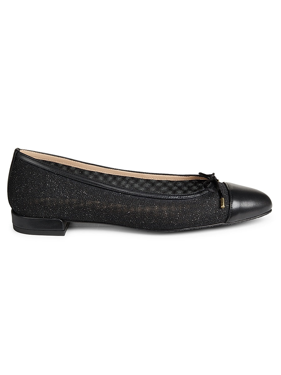 Sleek Bow Leather-Trimmed Sparkle Mesh Flats