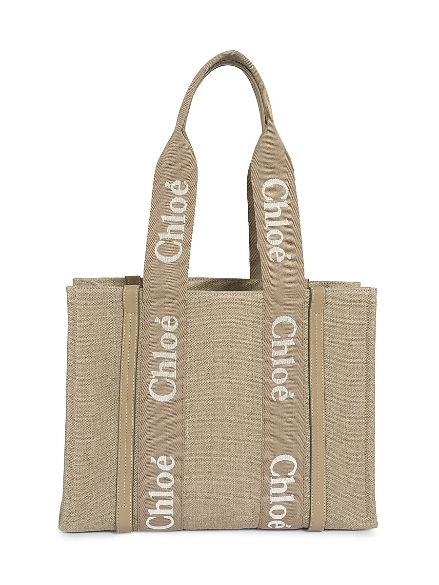 Medium Woody Linen Tote Shoulder Bag