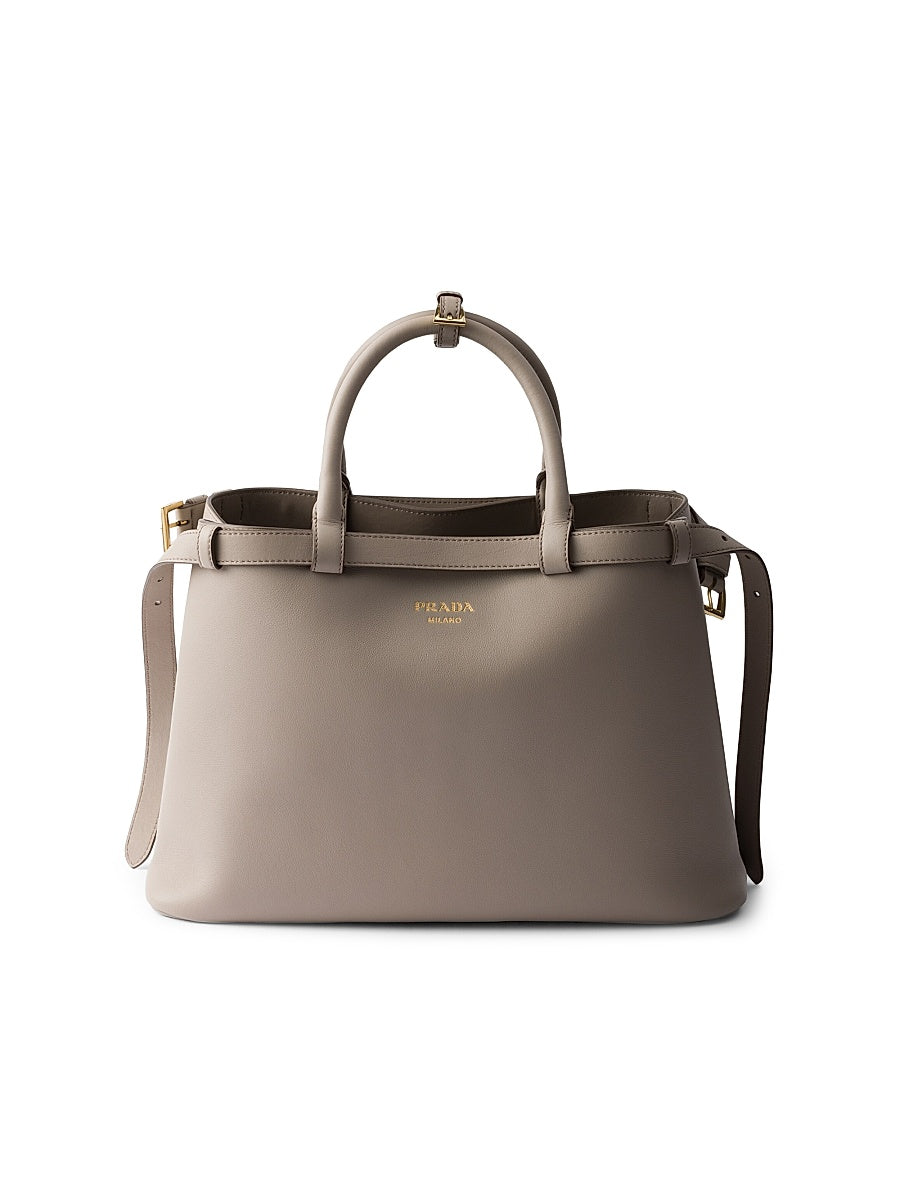 Buckle Medium Leather Handbag with Double Belt