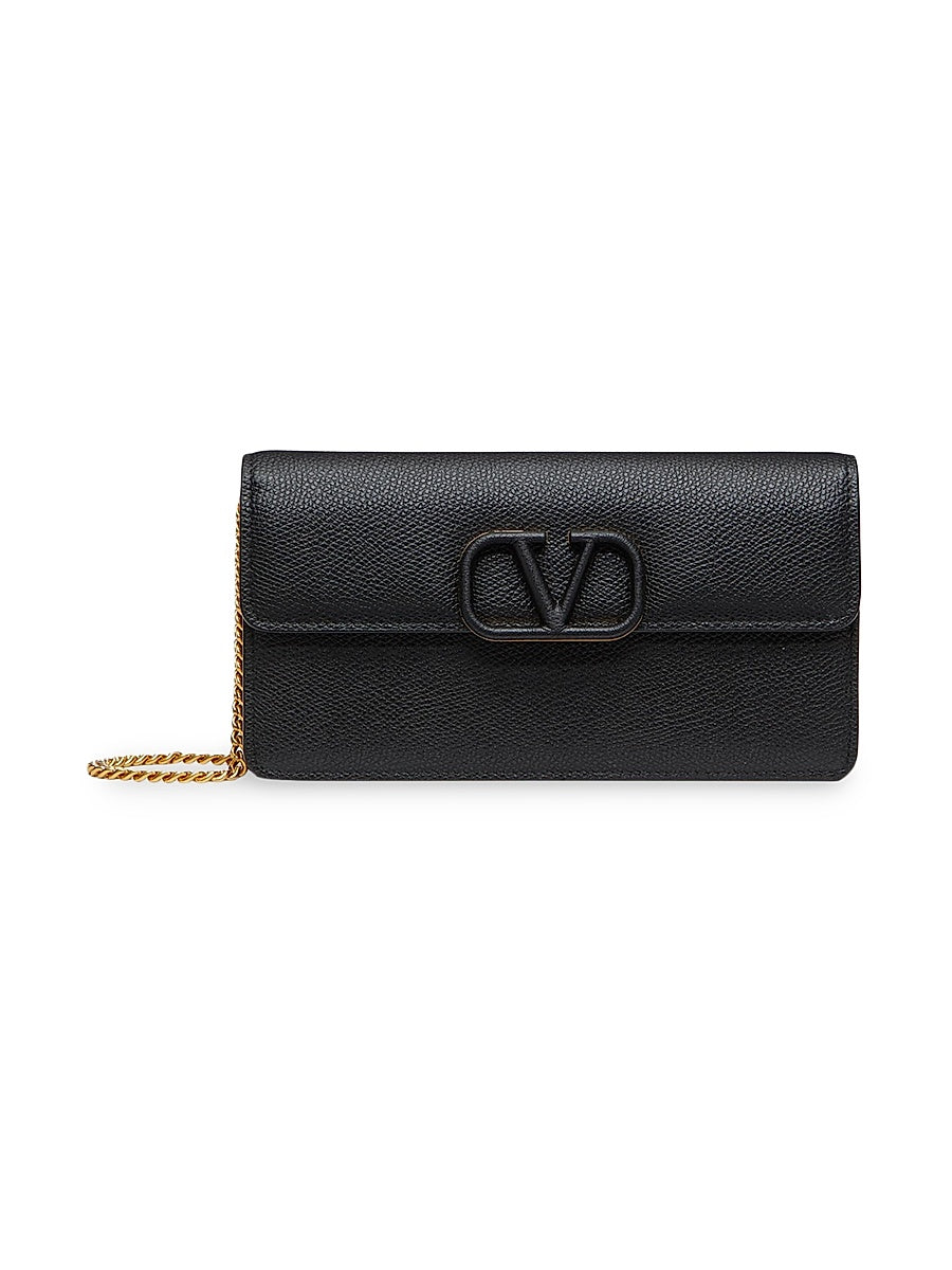 VLogo Signature Grainy Calfskin Wallet with Chain