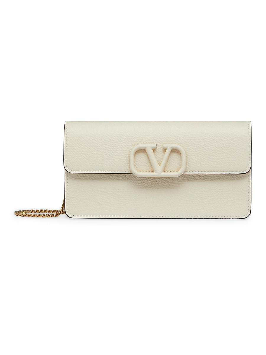 VLogo Signature Grainy Calfskin Wallet with Chain