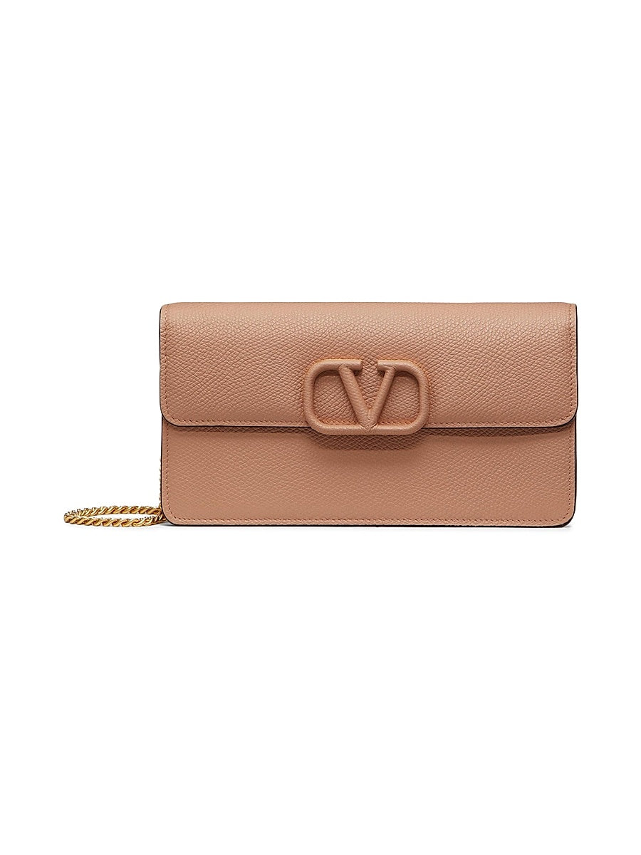 VLogo Signature Grainy Calfskin Wallet with Chain