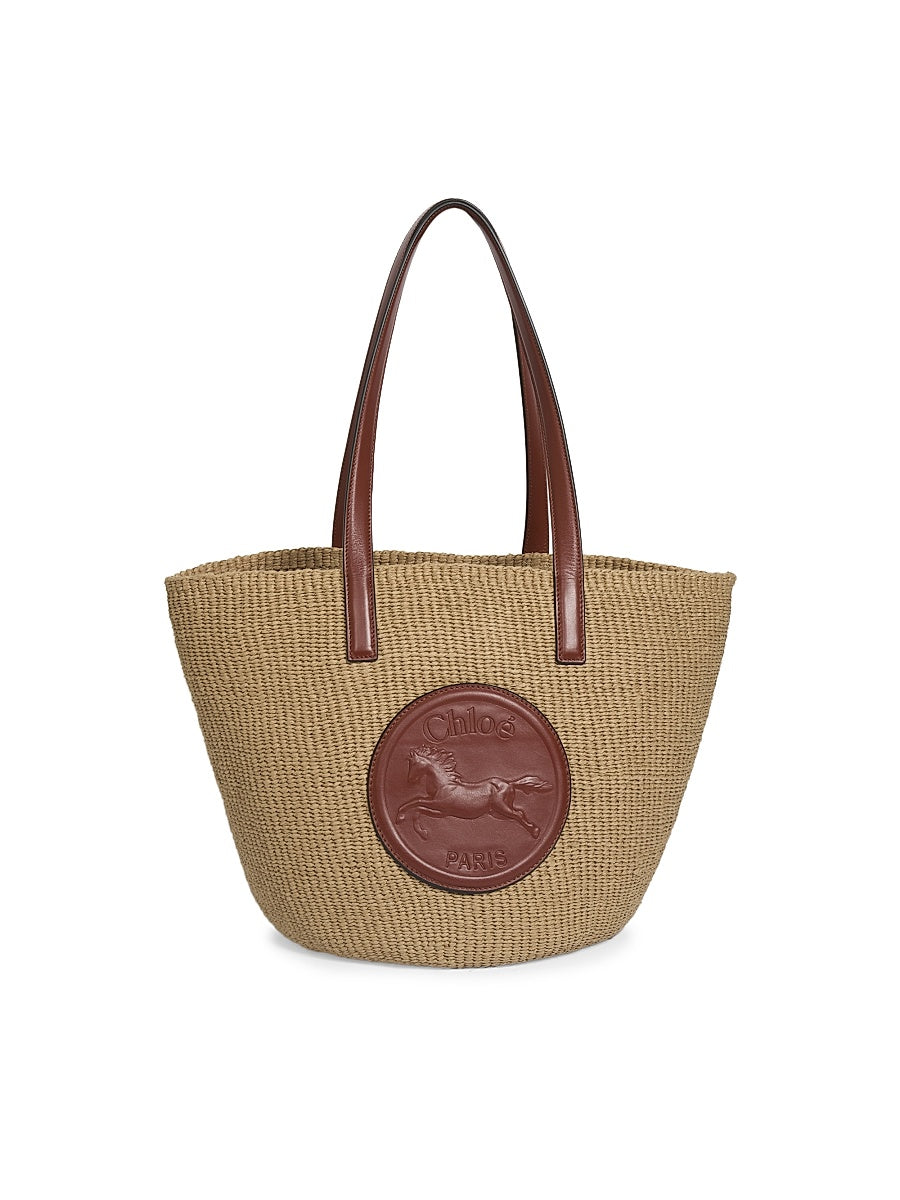 Horse Medal Raffia & Leather Basket Tote Bag