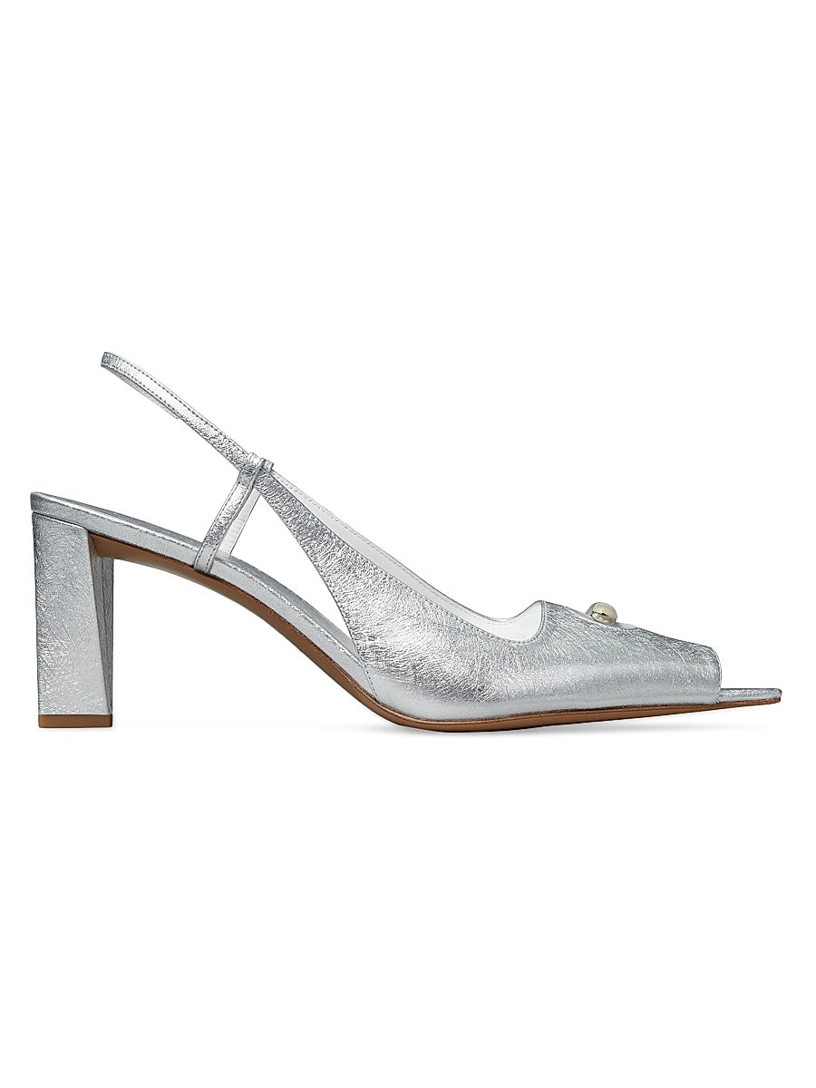 Pierced Peep-Toe 75MM Metallic Leather Slingback Pumps