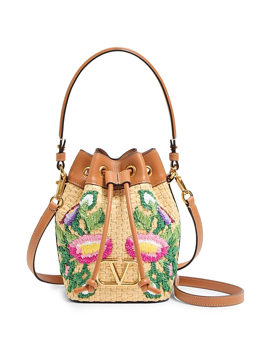 VLogo Signature Mini Bucket Bag with Floral Embroidery