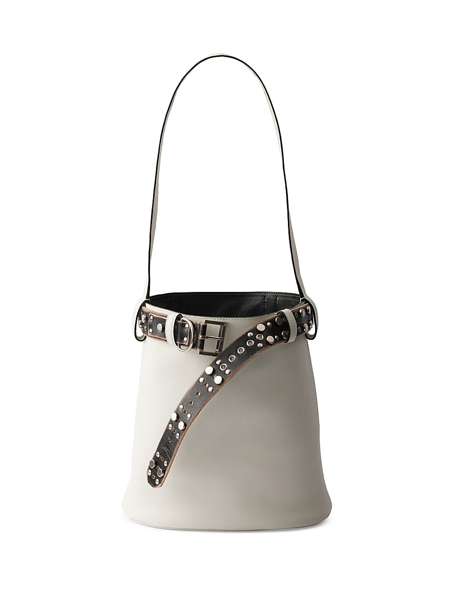 Buckle Leather Bucket Bag with Studded Belt
