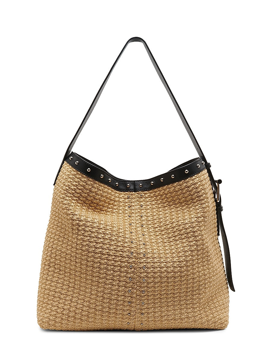 T-Bar Sling Studded Raffia Shoulder Bag