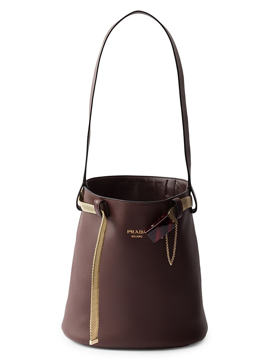 Buckle Leather Bucket Bag with Jeweled Belt