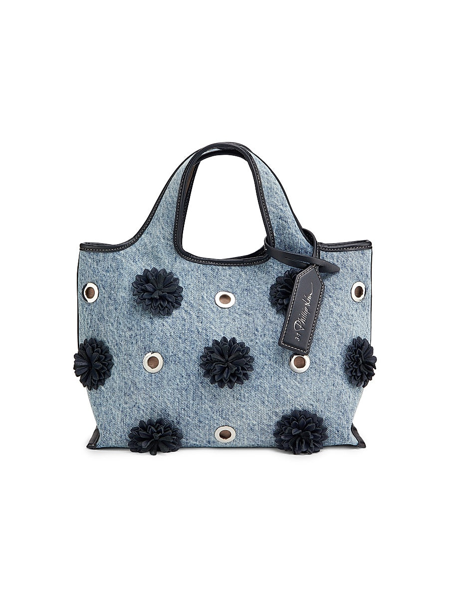 Mini Floral-Appliqué Denim Shopper Tote Bag
