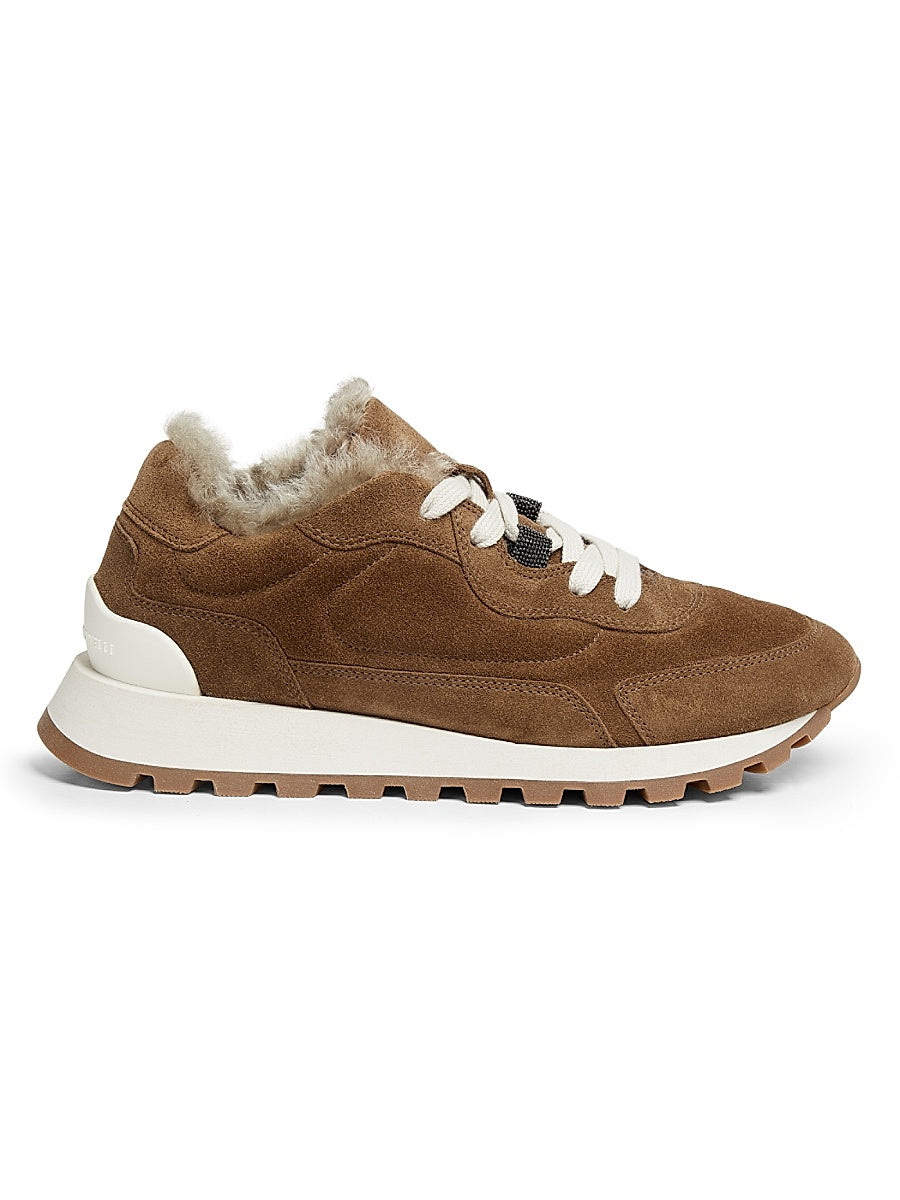 Suede-Shearling Low-Top Sneakers