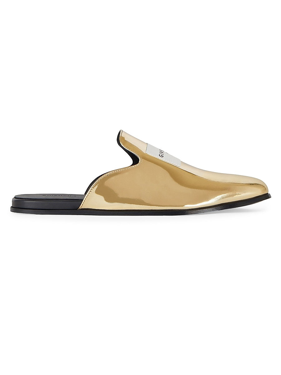 Label Flat Mules in Mirror Effect Leather