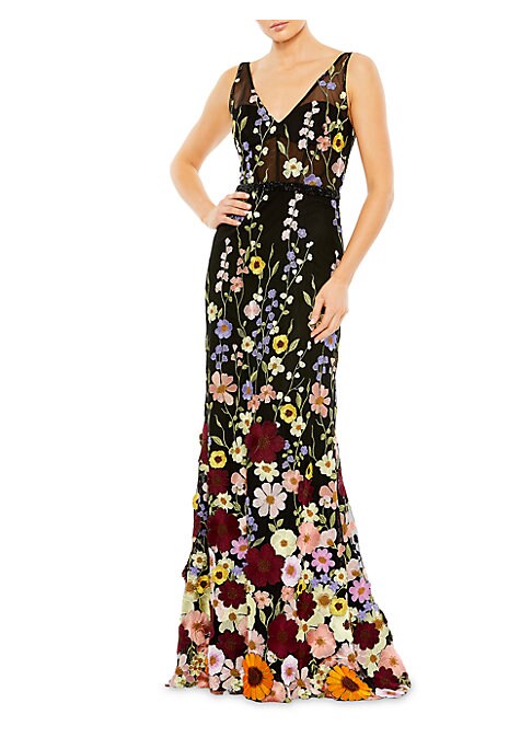 Floral Tulle V-Neck Gown