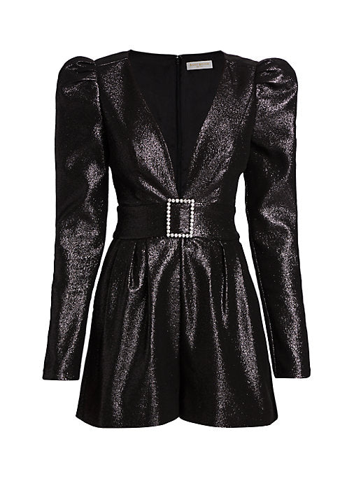 Metallic Belted V-Neck Romper