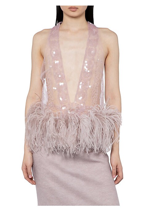 Feathered Sequin Halter Top