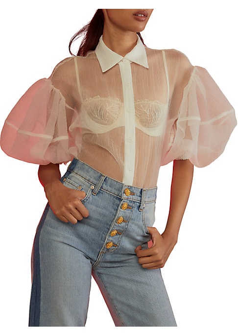 Sheer Balloon Sleeve Blouse
