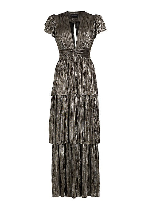 Foil Pleated V-Neck Dress