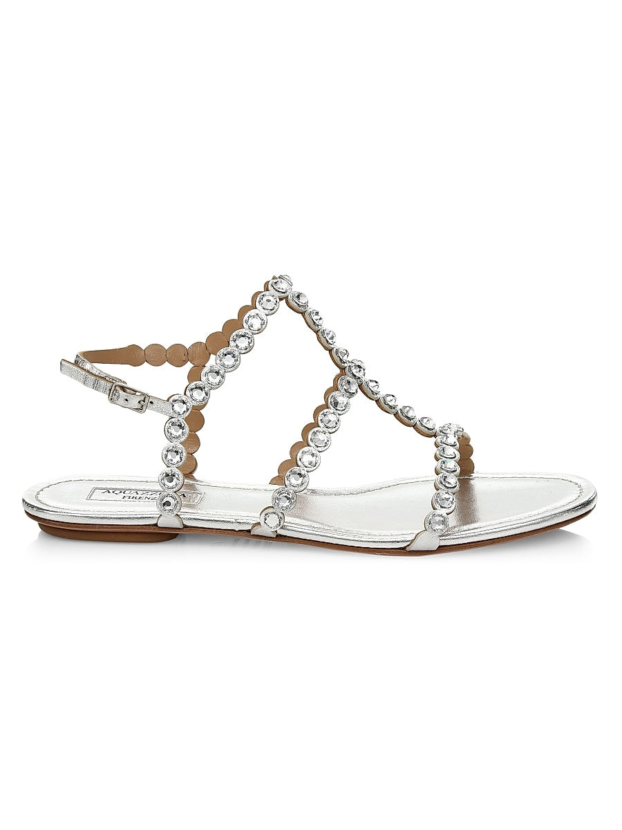 Tequila Crystal-Embellished Metallic Leather Flat Sandals