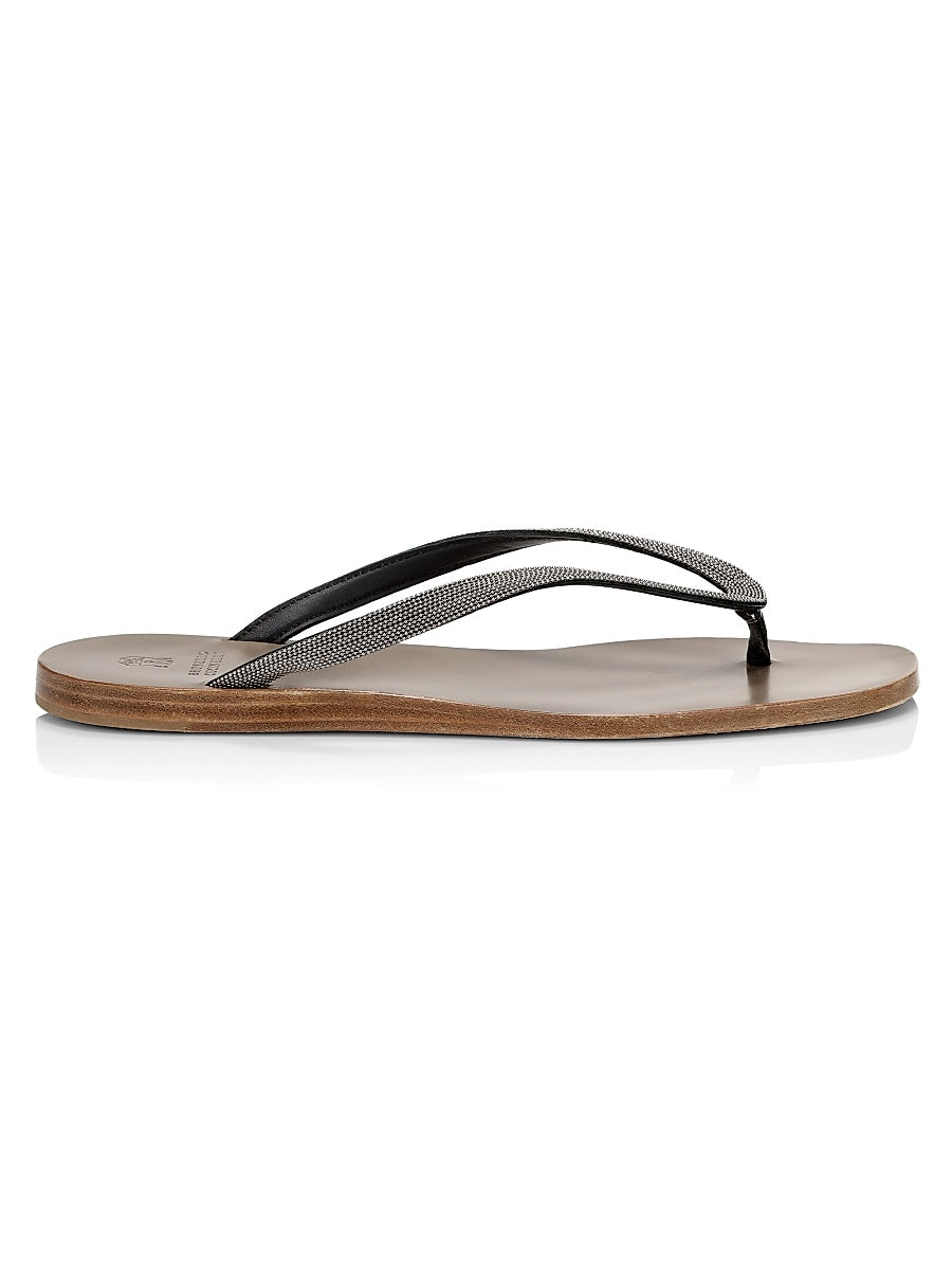 Bead-Embellished Leather Thong Sandals