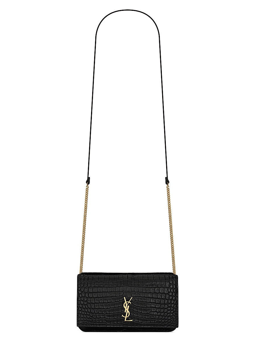 Cassandre Phone Holder with Strap in Shiny Crocodile-Embossed Leather