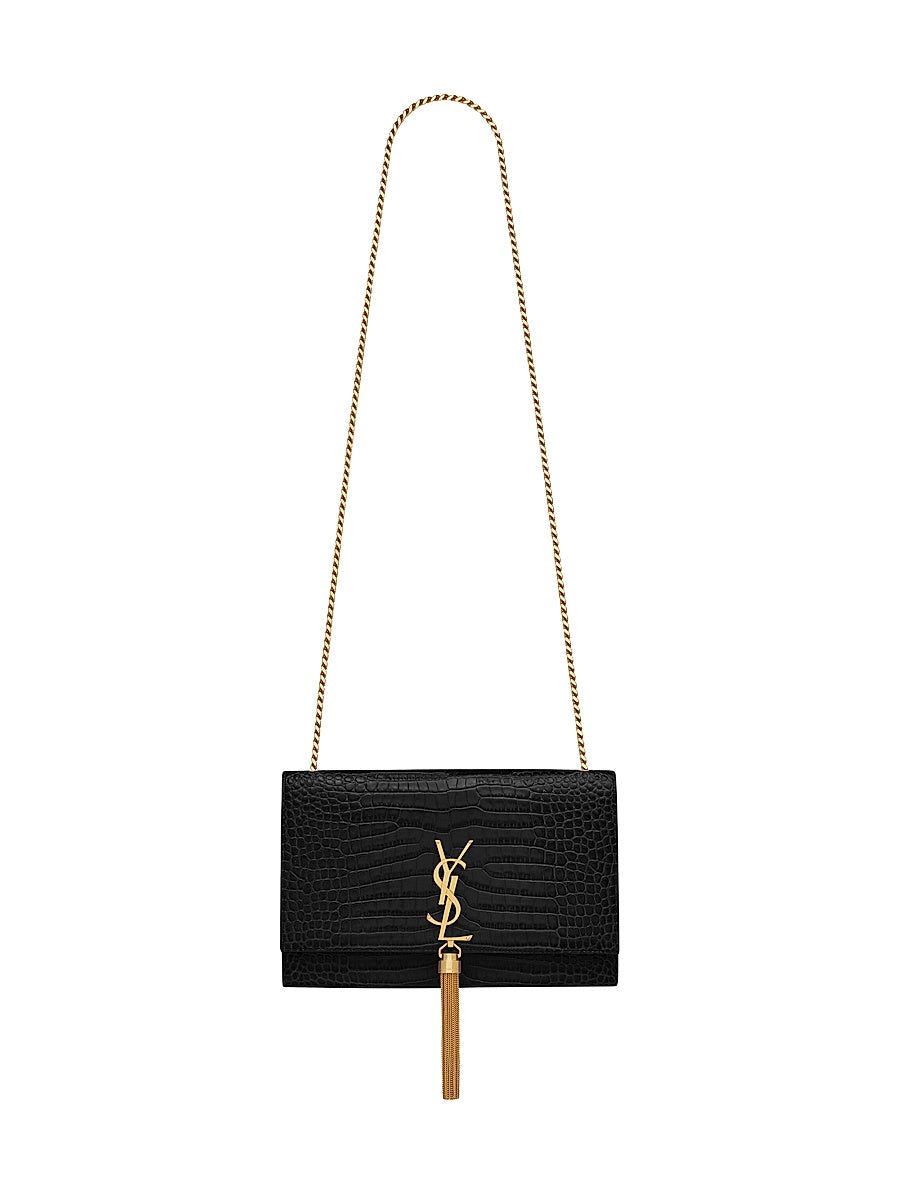 Kate Medium Chain Bag With Tassel In Crocodile-embossed Shiny Leather