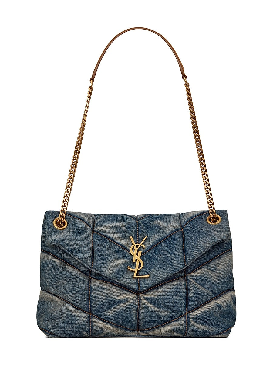 Puffer Small Shoulder Bag in Quilted Suede and Denim