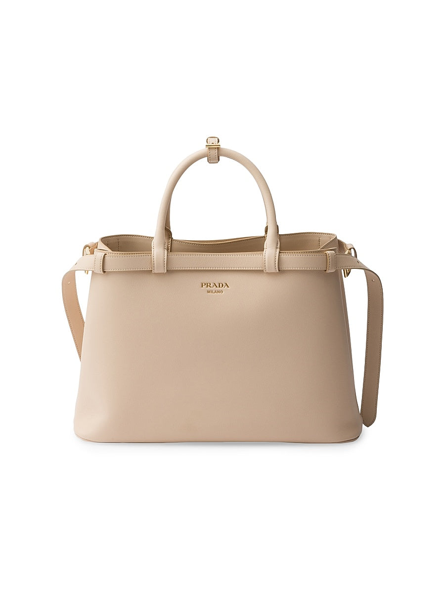 Buckle Medium Leather Handbag with Double Belt