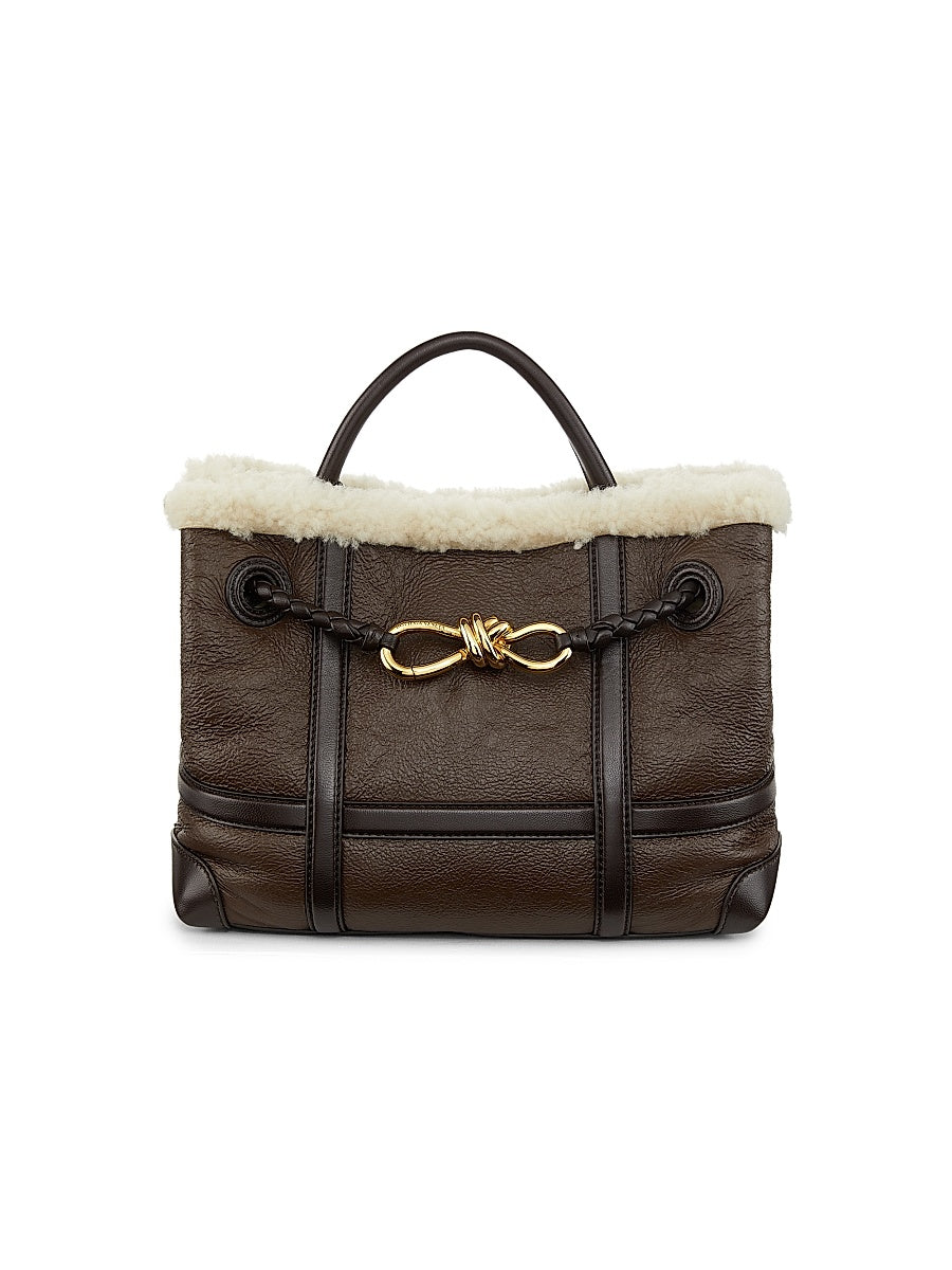Andiamo Small Leather-Shearling Top-Handle Bag