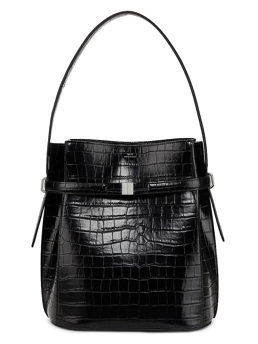 Belted Crocodile-Embossed Leather Bucket Bag