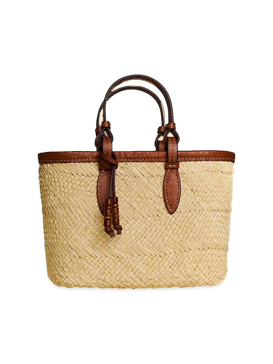 Mini Leather-Trimmed Woven Tote Bag