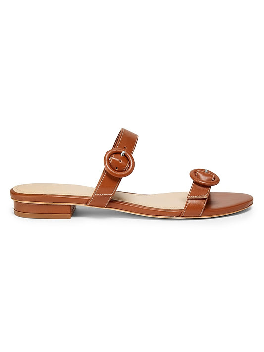 Double Buckle Leather Flat Sandals