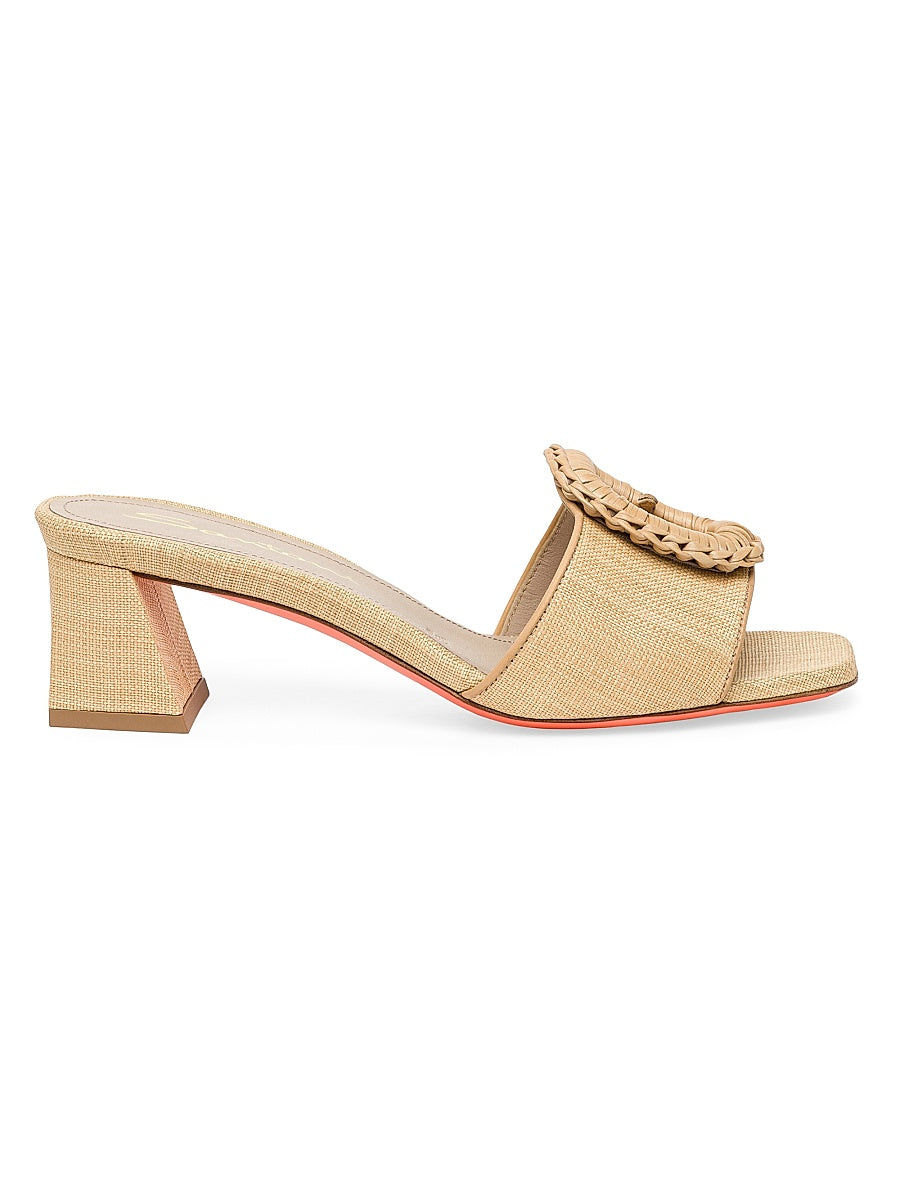 Marta 50MM Raffia &amp; Leather Buckle Mules