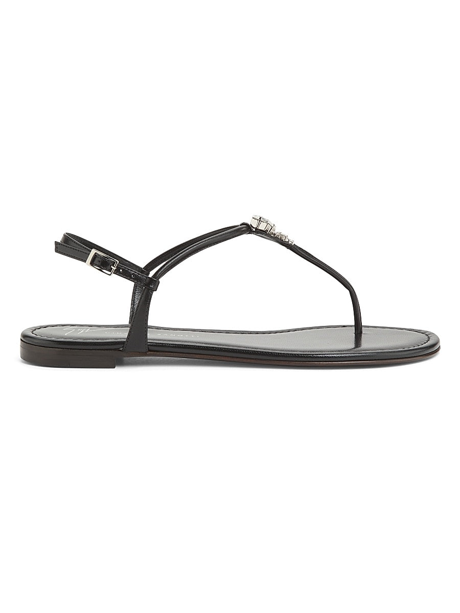 Crystal-Embellished Leather T-Strap Sandals