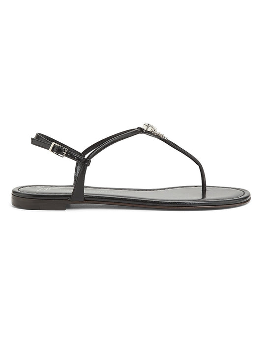 Crystal-Embellished Leather T-Strap Sandals