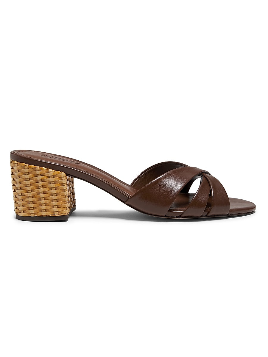 Keefa Mule 65MM Leather &amp; Straw Block Heel Slip-On Sandals