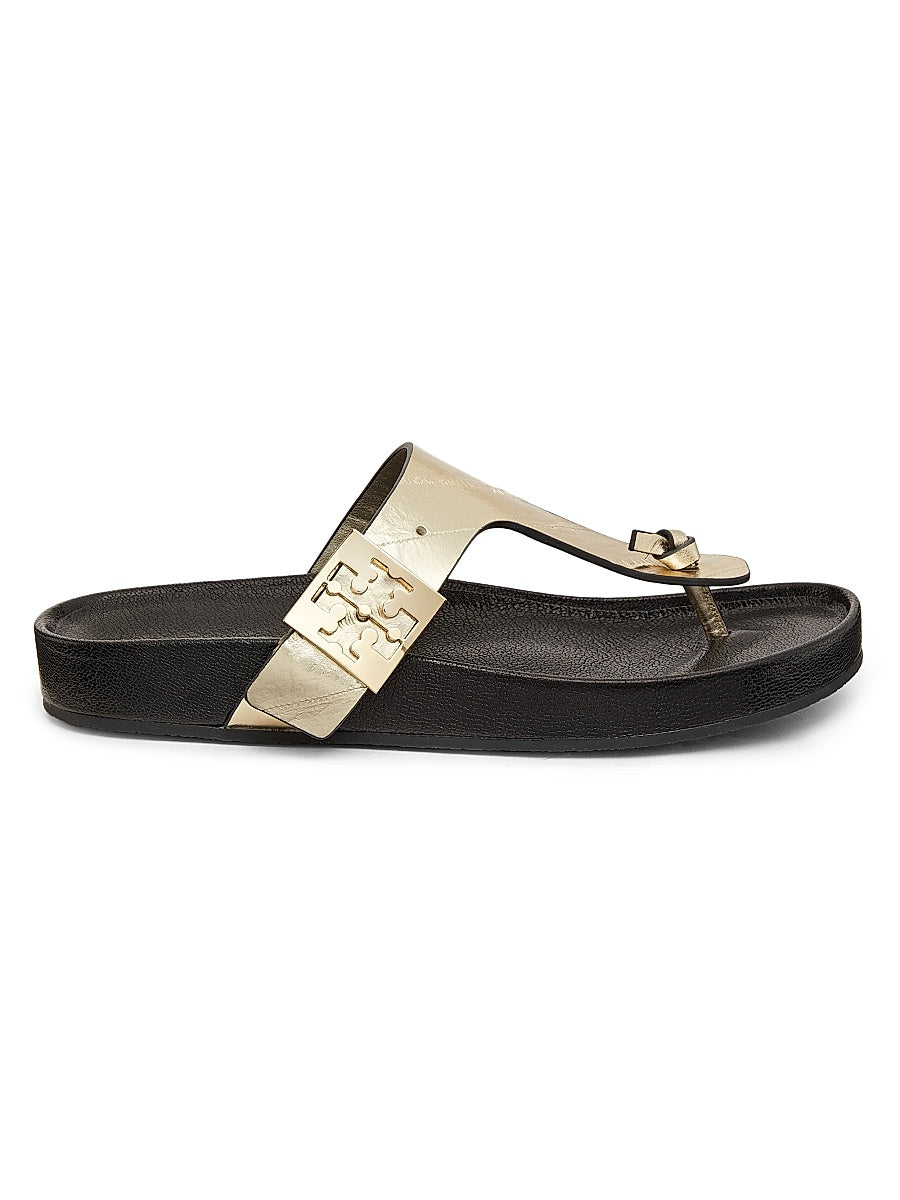 Logo Buckle Metallic Leather T-Strap Sandals