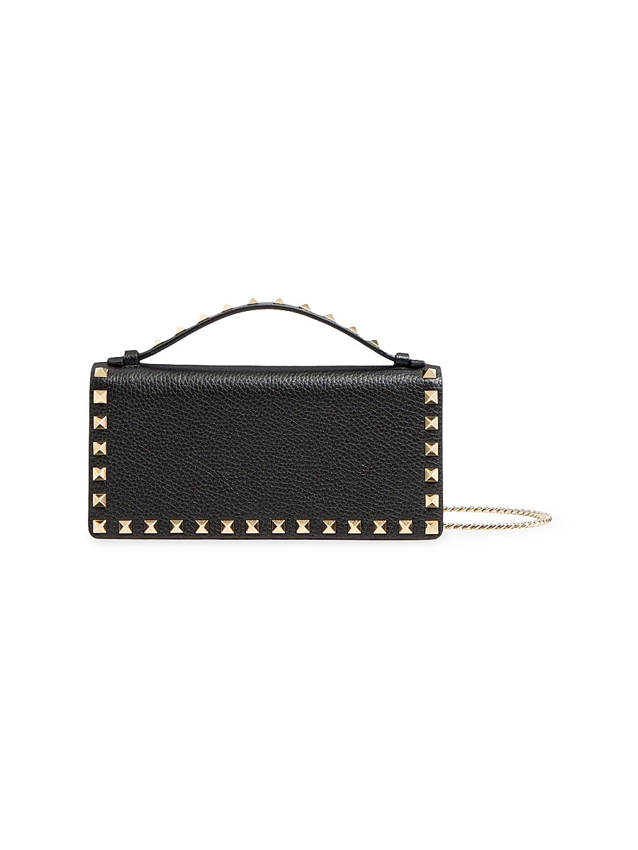 Rockstud Wallet with Chain in Grainy Calfskin