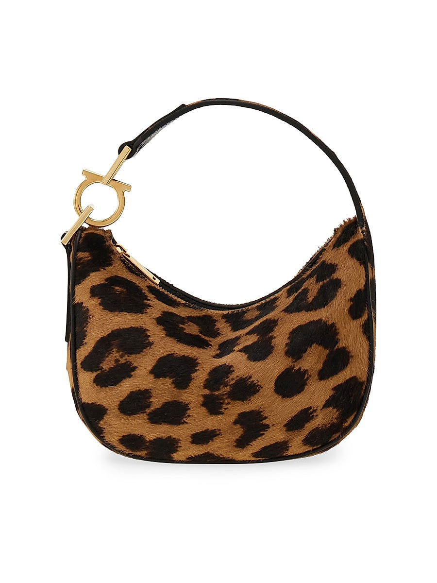 Gancini Leopard Calf Hair Top Handle Bag