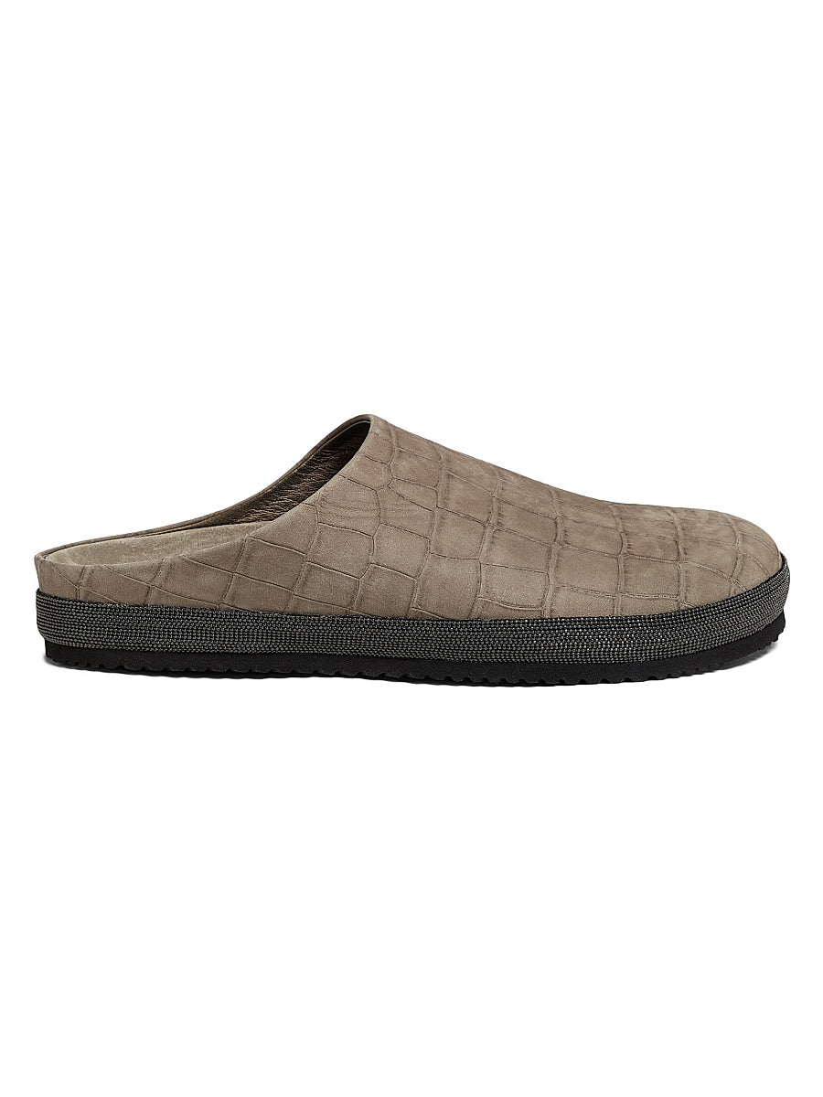 Crocodile-Embossed Suede Slippers