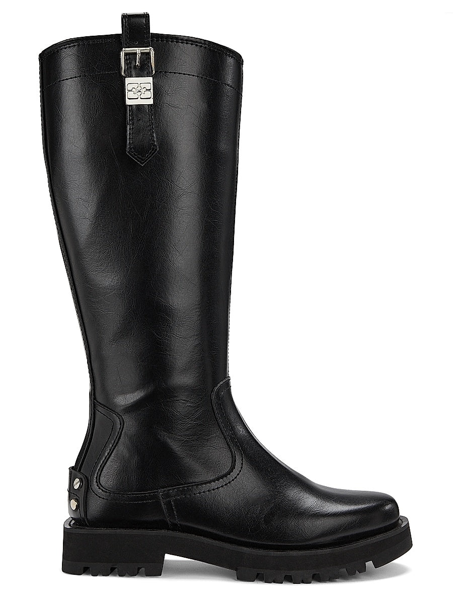 Studs Crinkle Faux-Leather High Boots