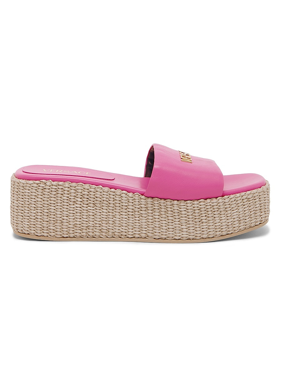 Logo 55MM Leather &amp; Raffia Platform Sandals