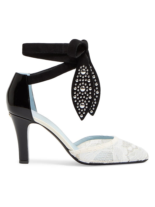 85MM Foliefoliage Pumps in Abrasive Calfskin and Lace