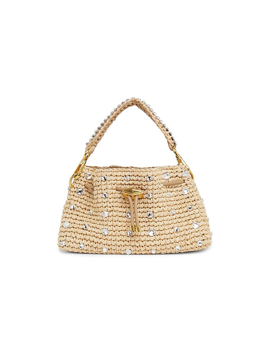 Cinch Small Crystal-Embellished Raffia Shoulder Bag