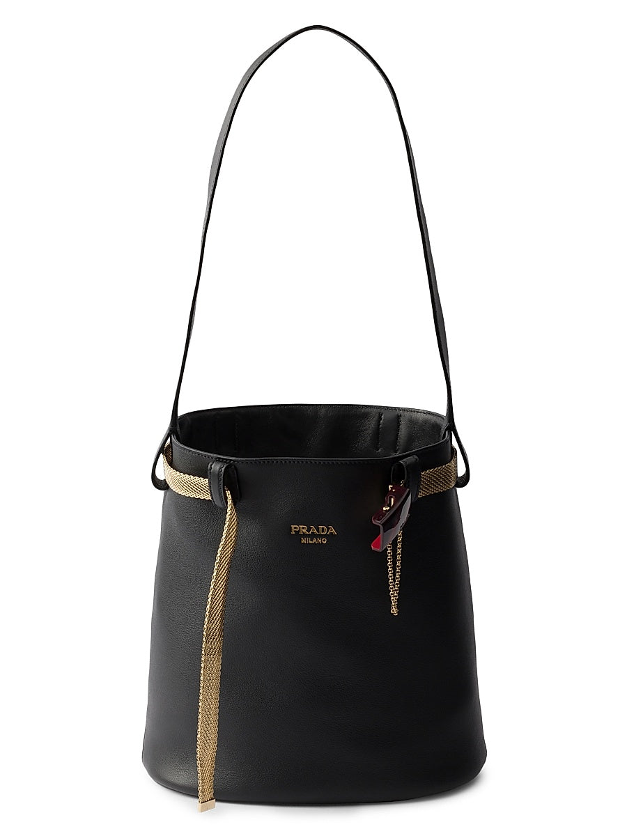 Buckle Leather Bucket Bag with Jeweled Belt