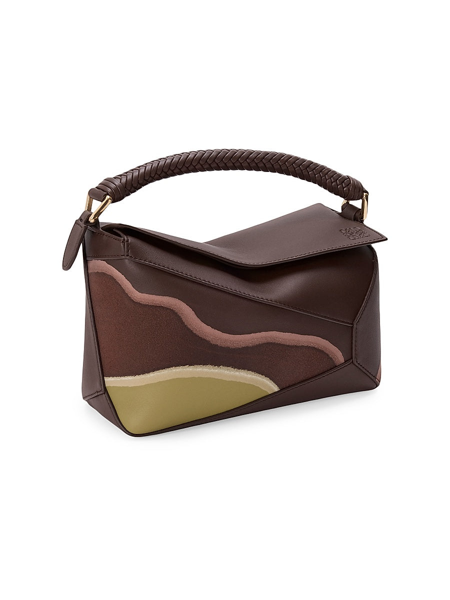 Puzzle Edge Landscape Leather Top Handle Bag