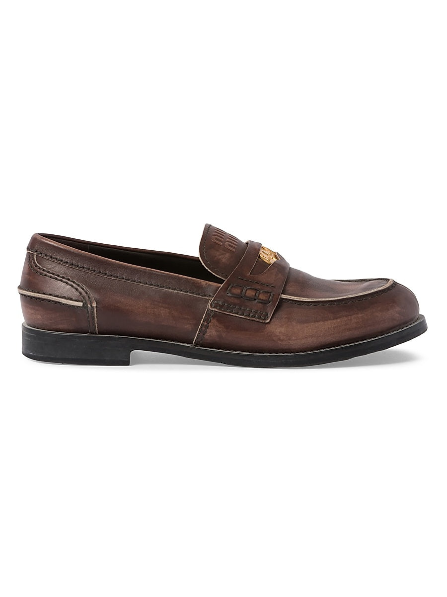 Vintage-Effect Leather Penny Loafers